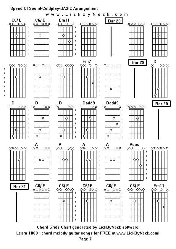 Chord Grids Chart of chord melody fingerstyle guitar song-Speed Of Sound-Coldplay-BASIC Arrangement,generated by LickByNeck software.